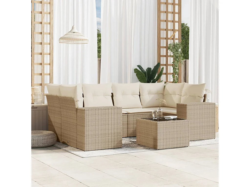 Salon de jardin avec coussins 7 pcs beige résine tressée
