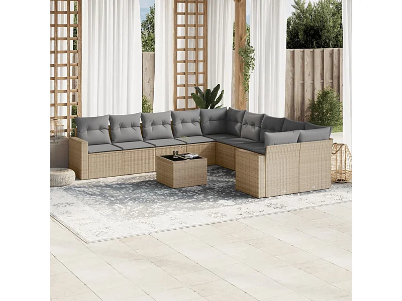 Mobili da giardino 11 pezzi con cuscini in resina intrecciata beige