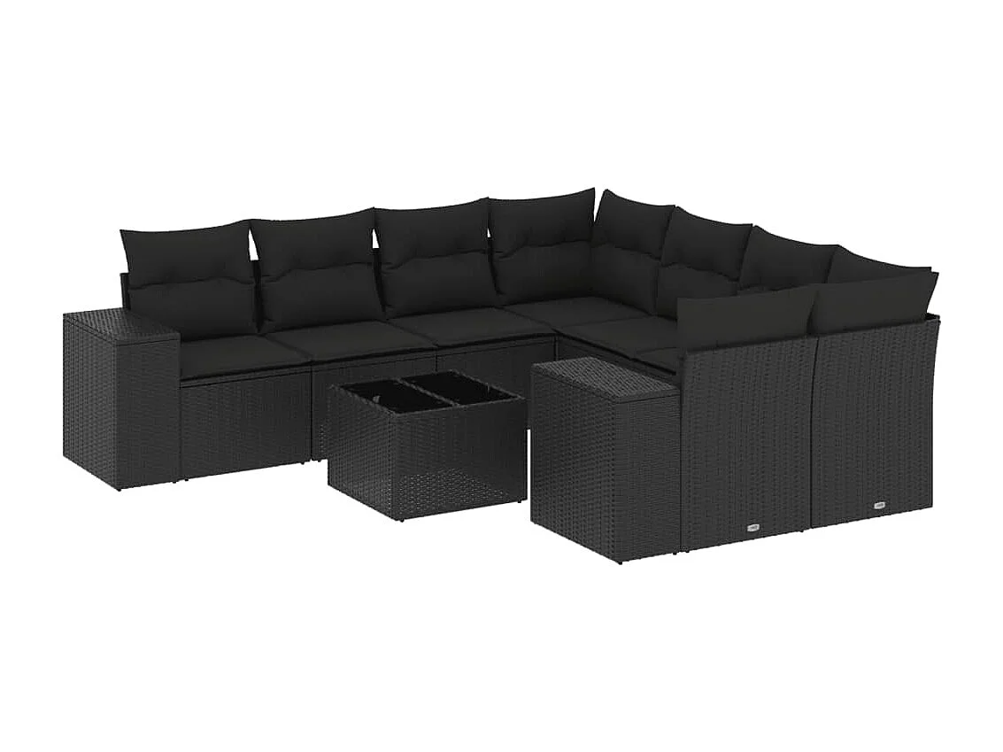 Salon de jardin 9 pcs avec coussins noir résine tressée