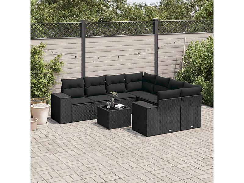 Muebles de jardín de 9 piezas con cojines de resina tejida en negro.