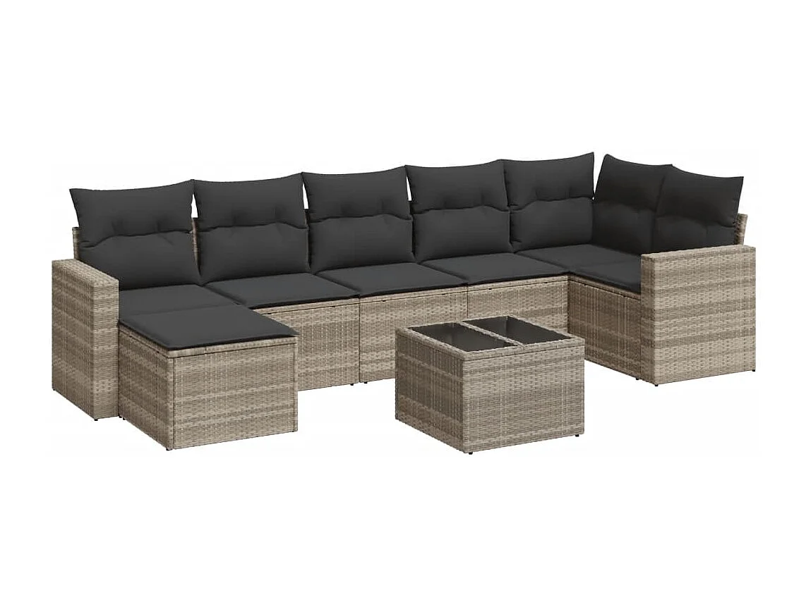 Mobili da giardino 8 pezzi con cuscini in resina intrecciata grigio chiaro