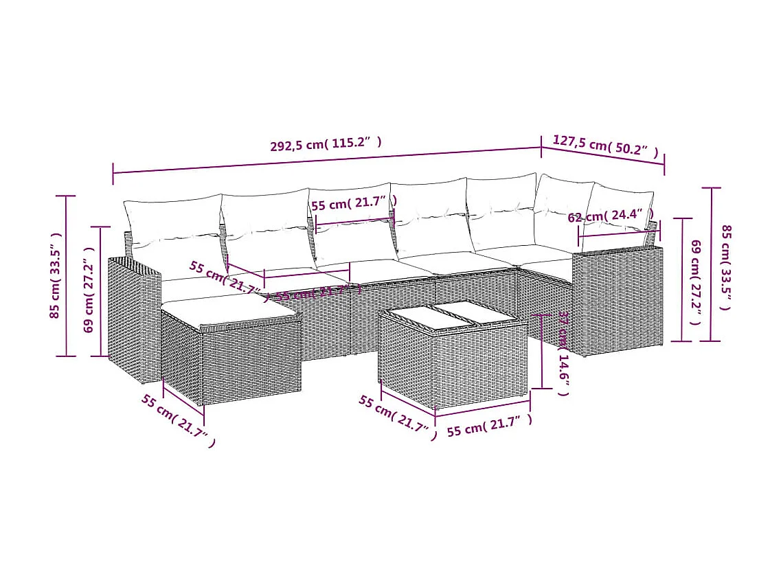 Salon de jardin 8 pcs avec coussins gris clair résine tressée