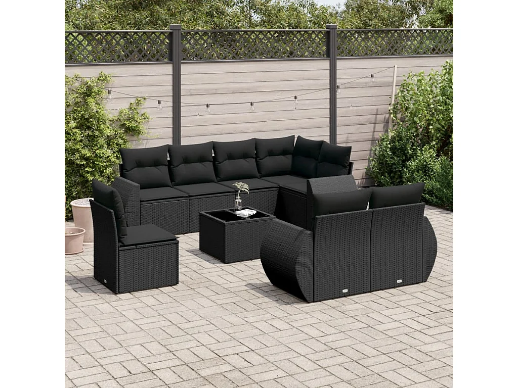 Salon de jardin 9 pcs avec coussins noir résine tressée