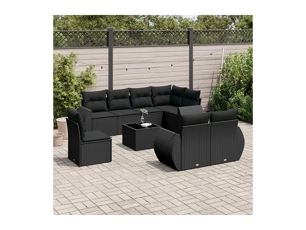 Salon de jardin 9 pcs avec coussins noir résine tressée