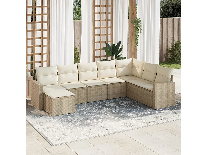 Mobile da giardino con cuscini 8 pz in resina intrecciata beige