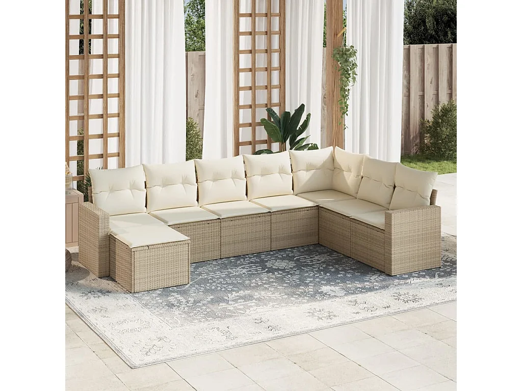 Mobile da giardino con cuscini 8 pz in resina intrecciata beige