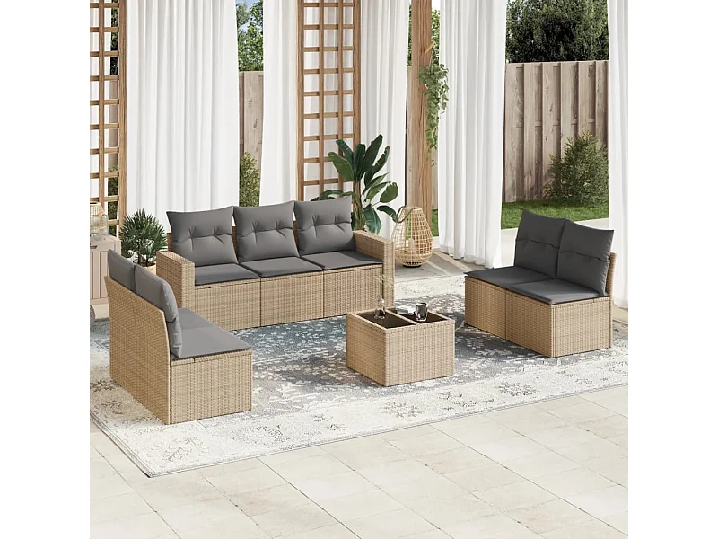 Salon de jardin avec coussins 8 pcs beige résine tressée