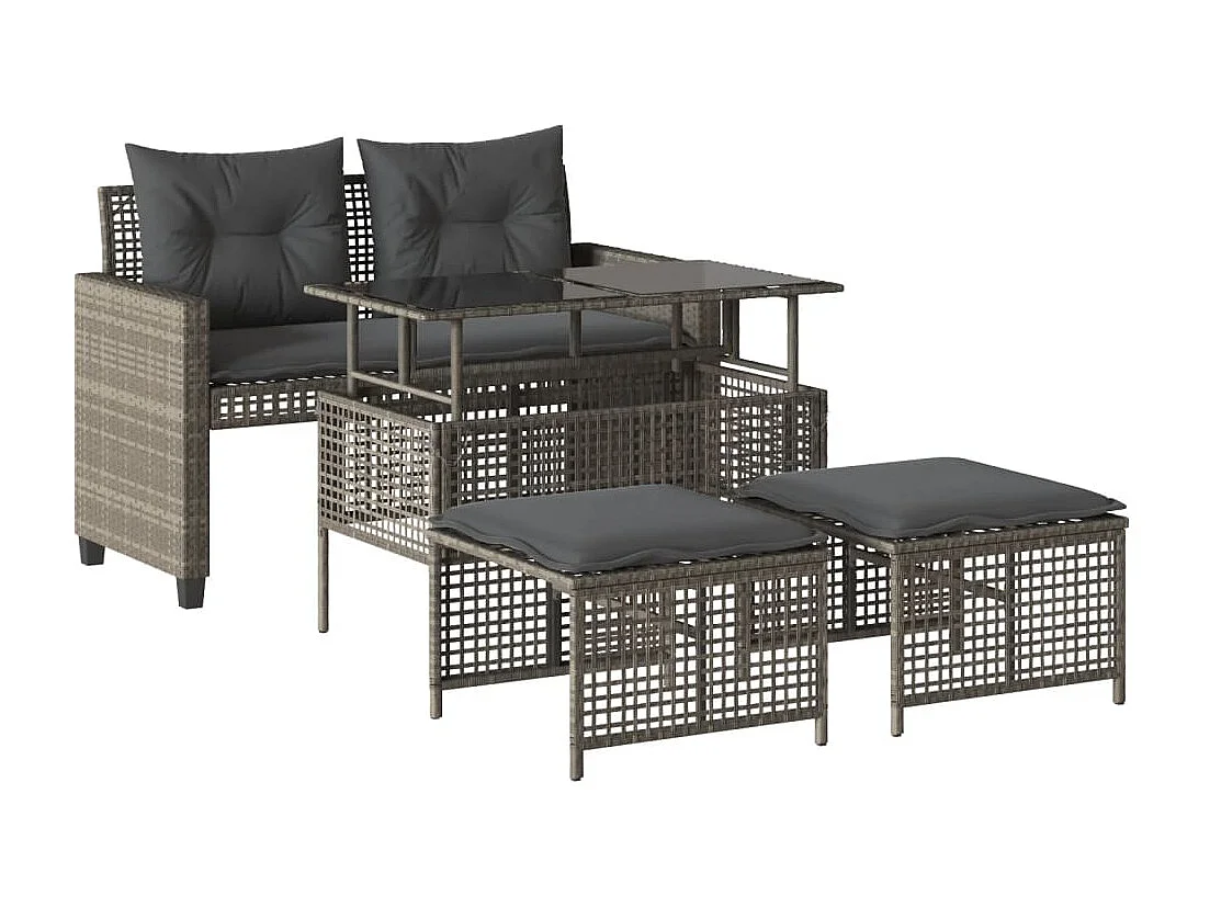 Salon de jardin avec coussins 4 pcs gris clair poly rotin verre