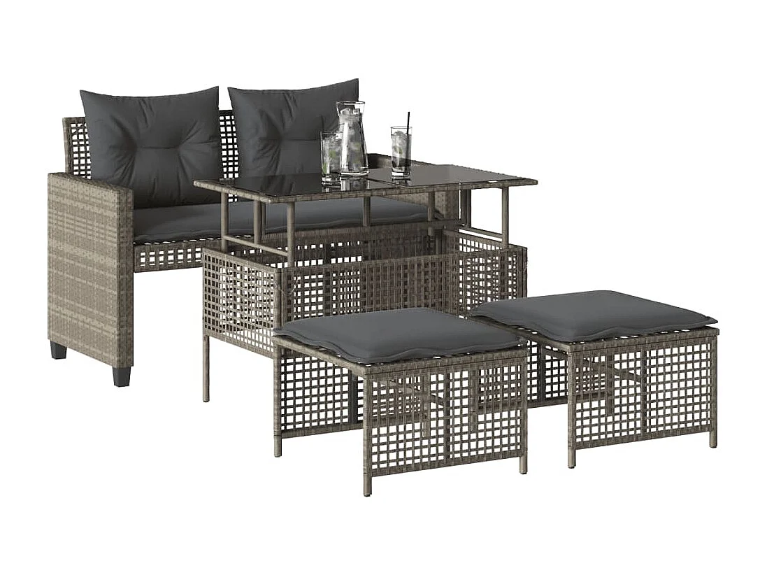 Salon de jardin avec coussins 4 pcs gris clair poly rotin verre