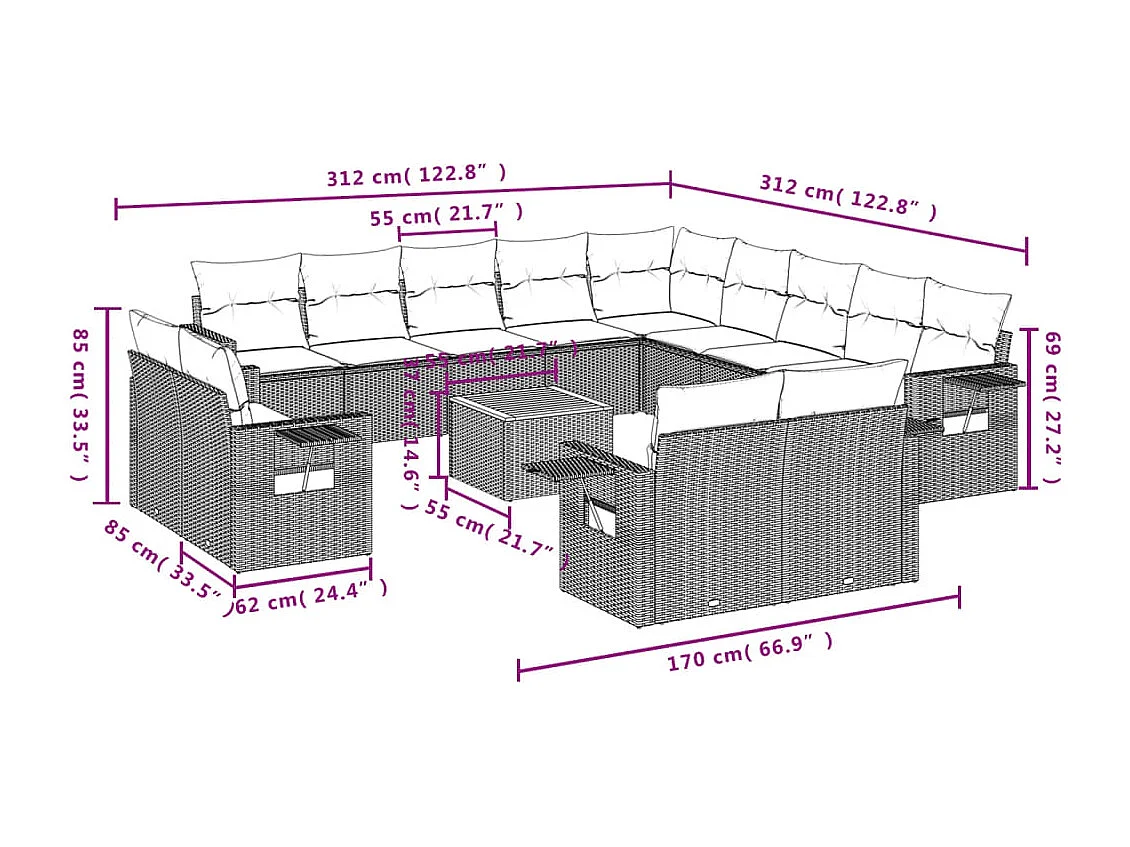 Muebles de jardín con cojines 14 piezas resina tejida beige