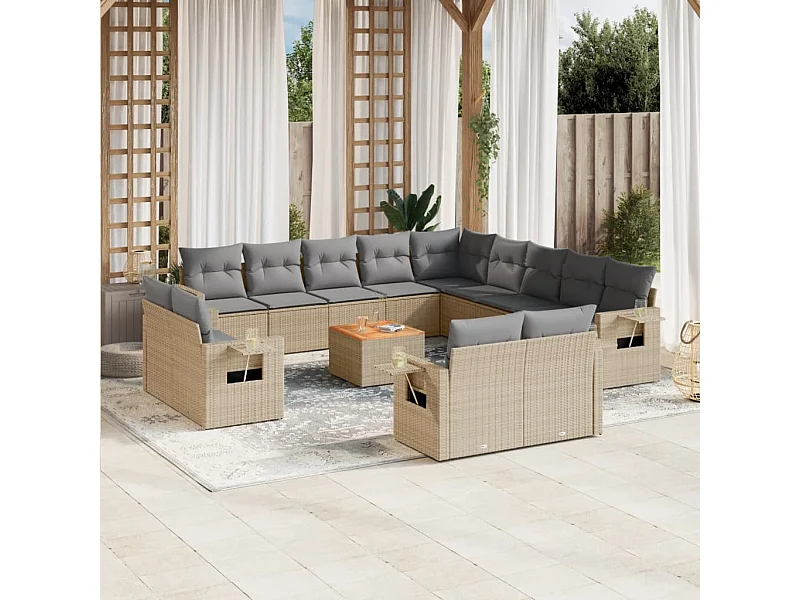 Salon de jardin avec coussins 14 pcs beige résine tressée