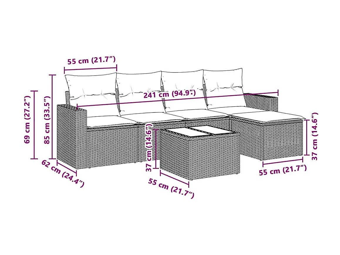Salon de jardin 6 pcs avec coussins gris clair résine tressée