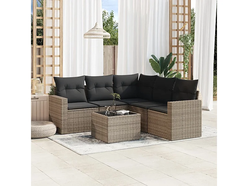 Salon de jardin 6 pcs avec coussins gris résine tressée