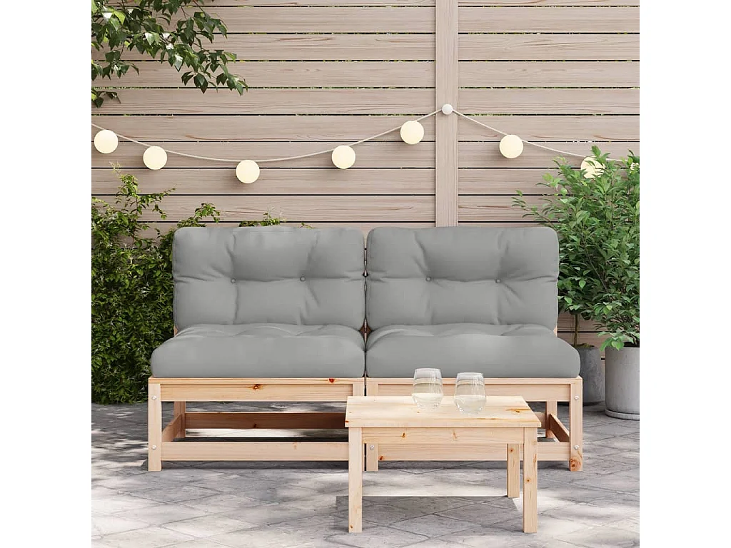 Divani da giardino senza braccioli, cuscini, 2 pezzi, in legno di pino massiccio