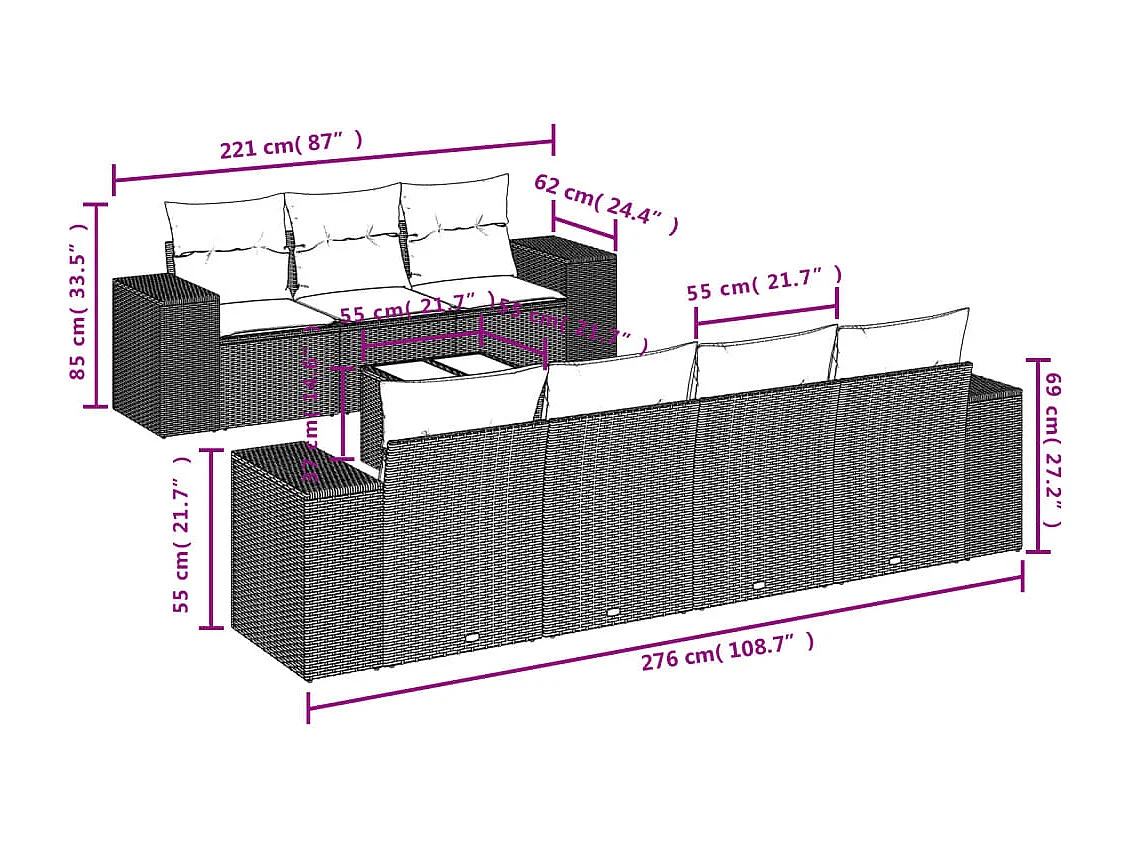 Salon de jardin 8 pcs avec coussins noir résine tressée