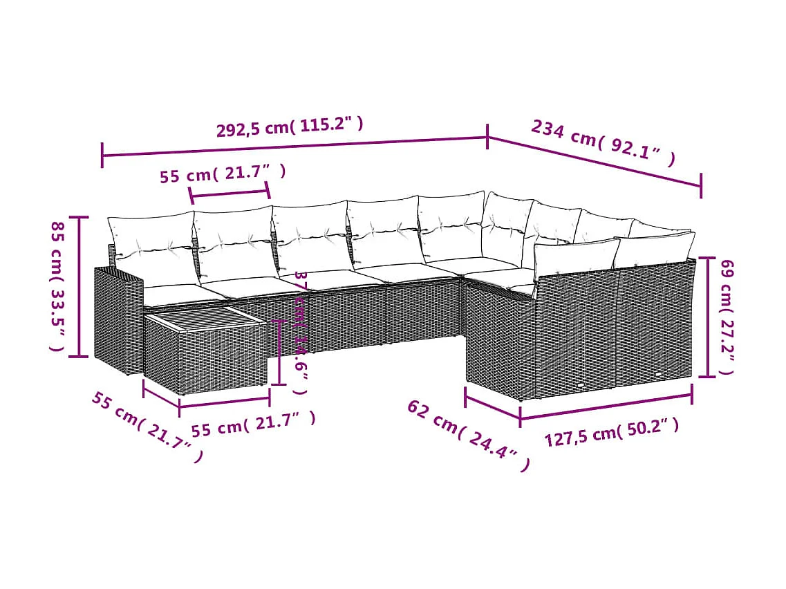 Salon de jardin 10 pcs avec coussins noir résine tressée