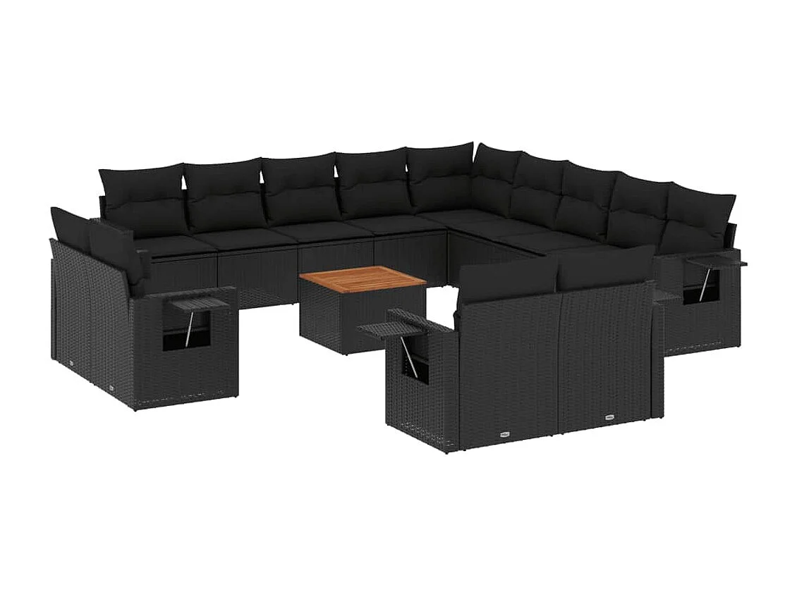 Salon de jardin avec coussins 14 pcs noir résine tressée