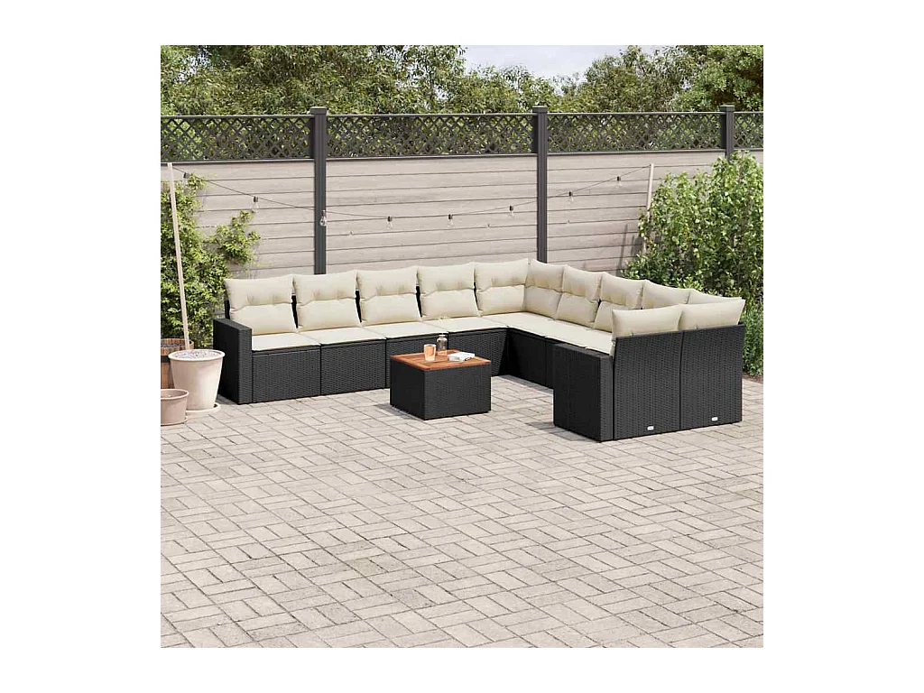 Salon de jardin 11 pcs avec coussins noir résine tressée