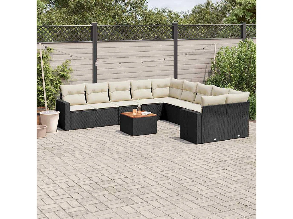 Salon de jardin 11 pcs avec coussins noir résine tressée