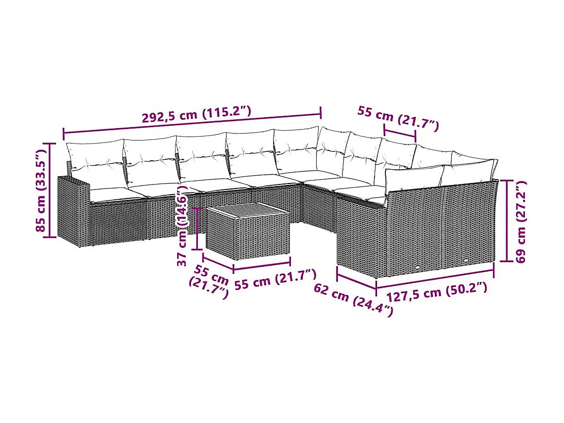 Salon de jardin 11 pcs avec coussins noir résine tressée
