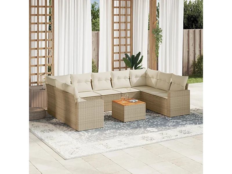 Mobile da giardino con cuscini 10 pz in resina intrecciata beige