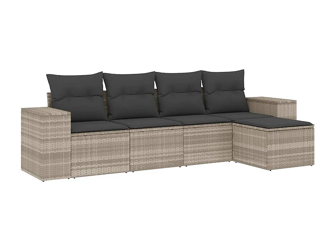 Muebles de jardín de 5 piezas con cojines de resina tejida en gris claro.