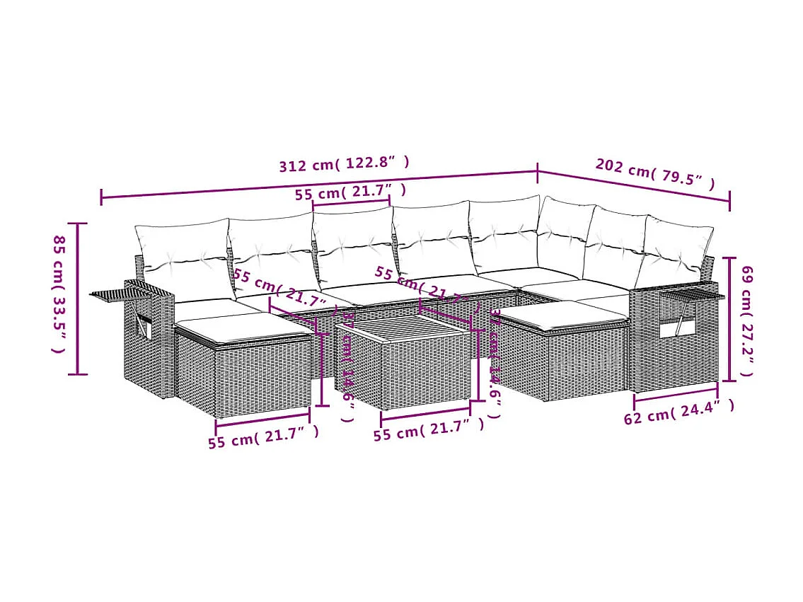 Mobile da giardino con cuscini 10 pz in resina intrecciata beige