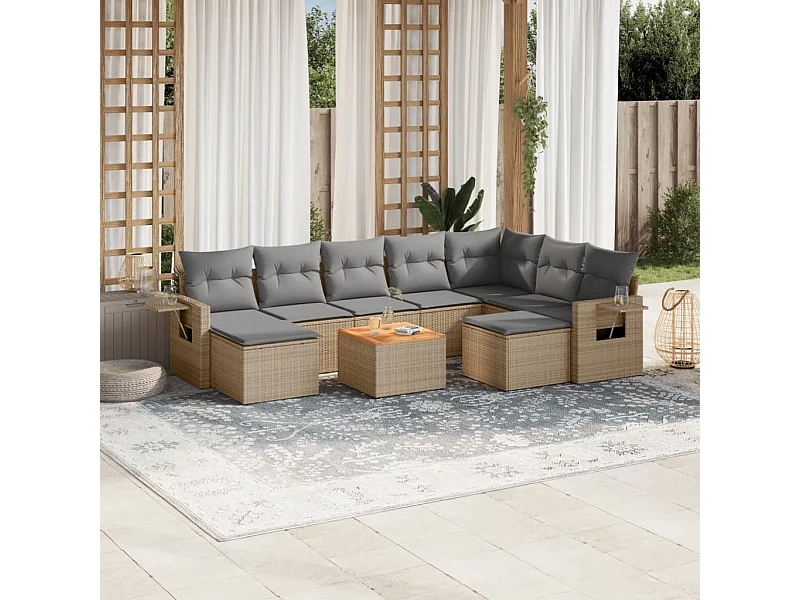 Salon de jardin avec coussins 10 pcs beige résine tressée