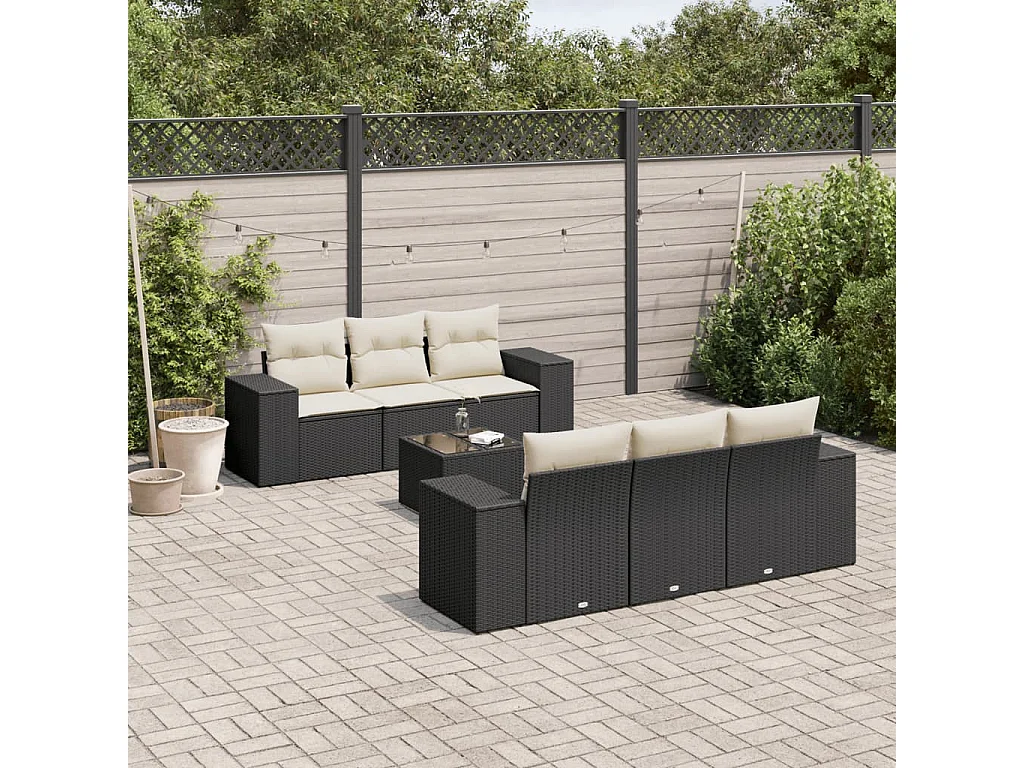 Mobili da giardino 7 pezzi con cuscini in resina intrecciata nera