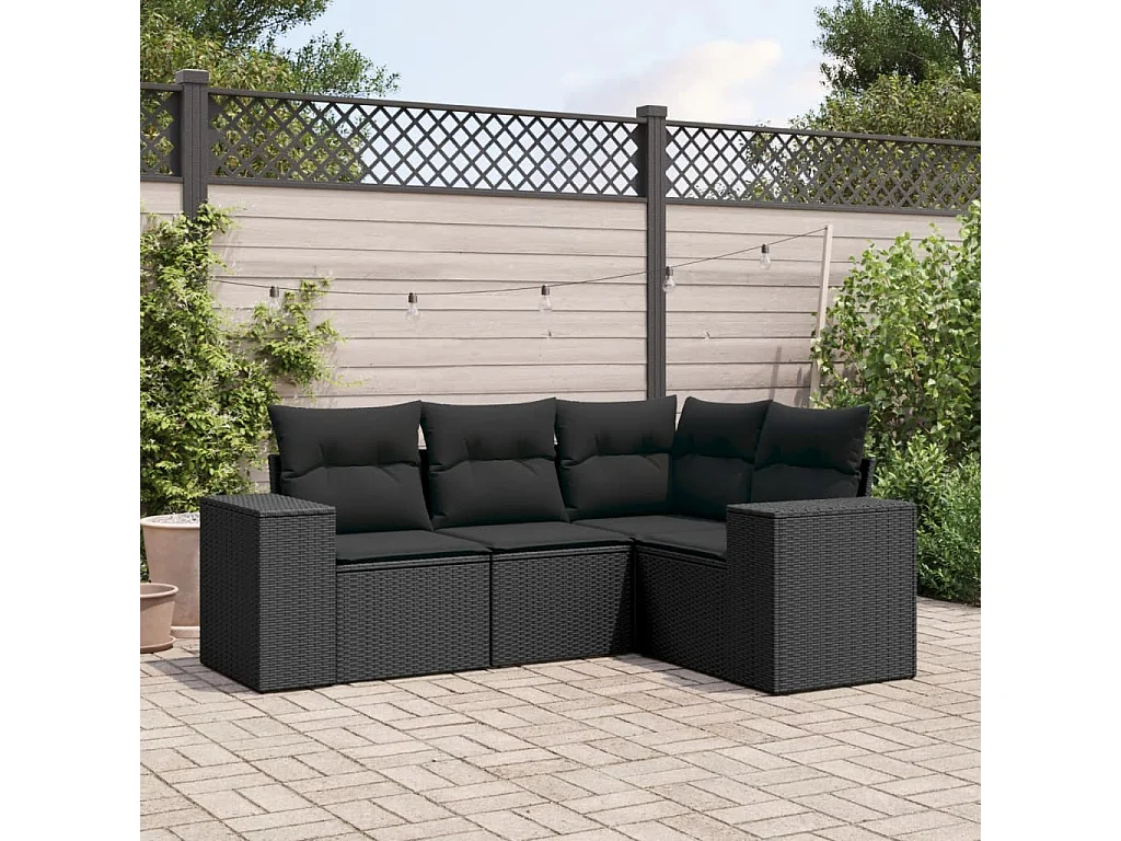 Salon de jardin 4 pcs avec coussins noir résine tressée