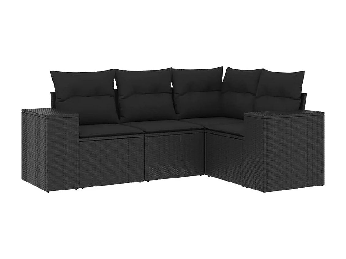 Salon de jardin 4 pcs avec coussins noir résine tressée