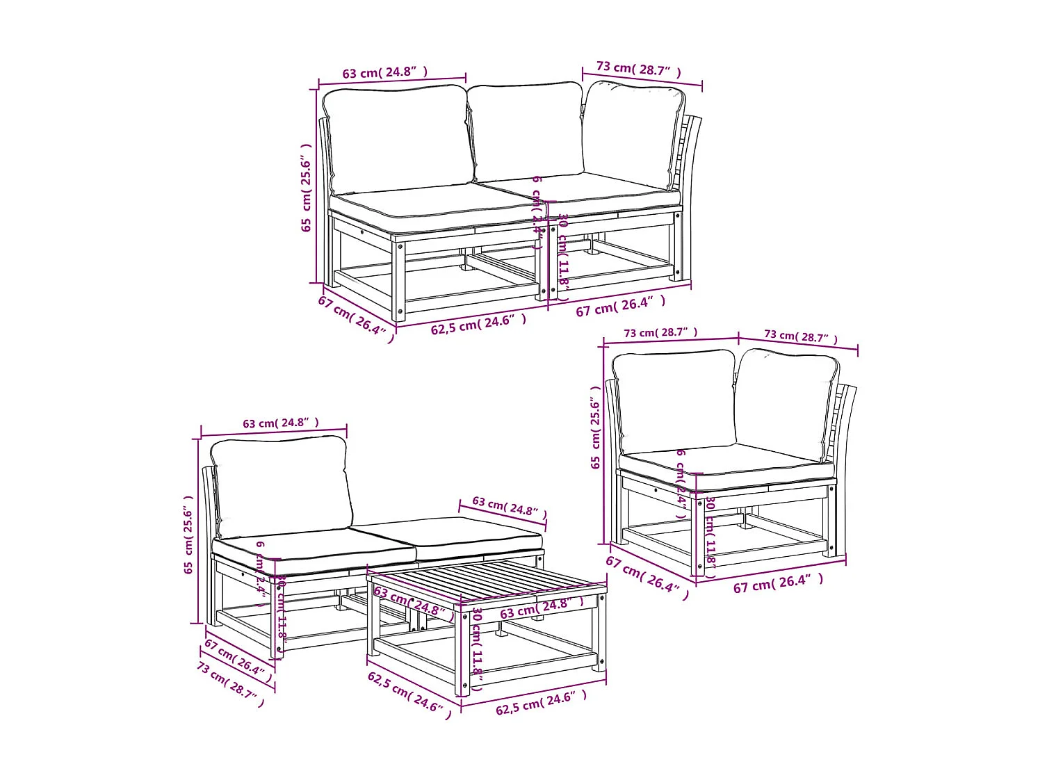 Salon de jardin 6 pcs avec coussins bois d'acacia solide