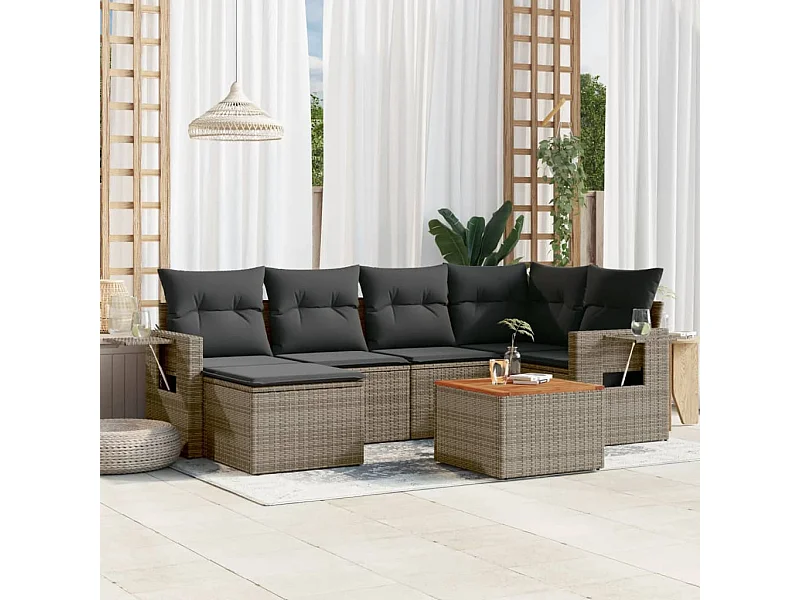 Mobile da giardino con cuscini 7 pezzi in resina intrecciata grigia