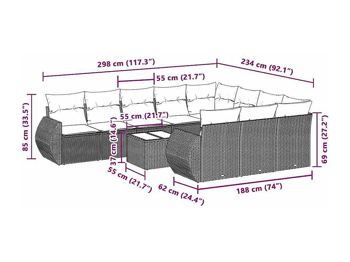 Salon de jardin 11 pcs avec coussins gris clair résine tressée