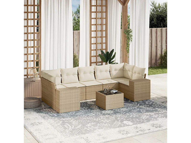 Salon de jardin avec coussins 8 pcs beige résine tressée