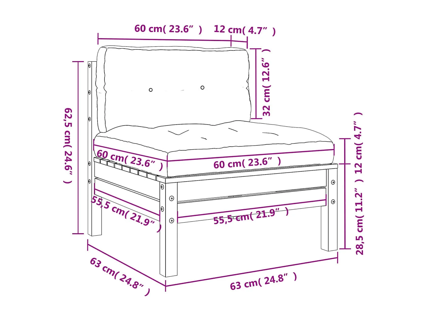 Canapé de jardin sans accoudoirs coussins 2 pcs bois massif pin