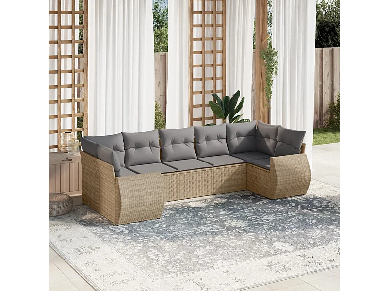 Mobile da giardino con cuscini 7 pz in resina intrecciata beige