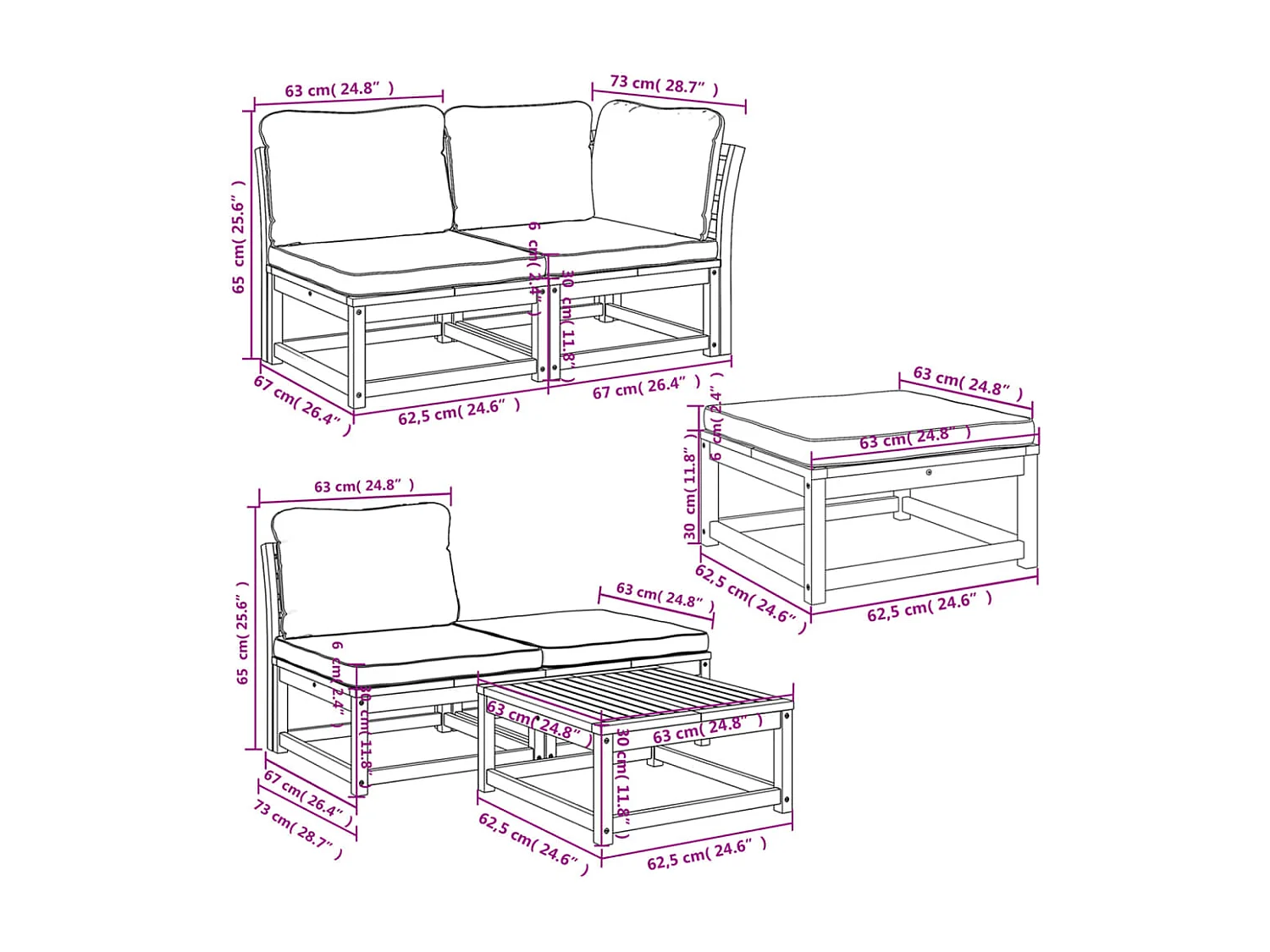 Salon de jardin 6 pcs avec coussins bois d'acacia solide