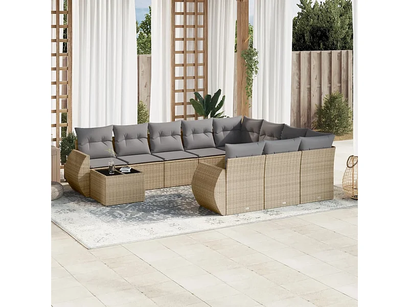 Salon de jardin 11 pcs avec coussins beige résine tressée