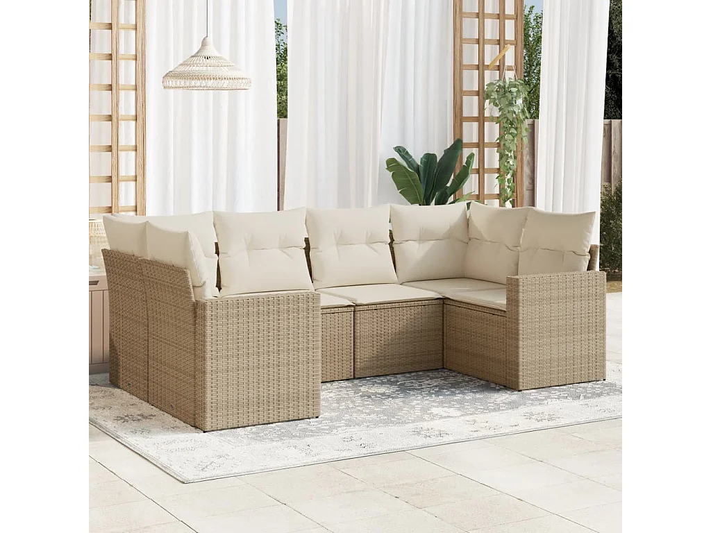 Mobile da giardino con cuscini 6 pz in resina intrecciata beige