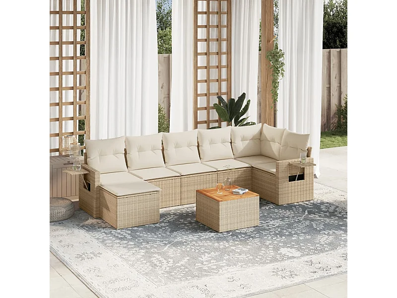 Salon de jardin avec coussins 8 pcs beige résine tressée