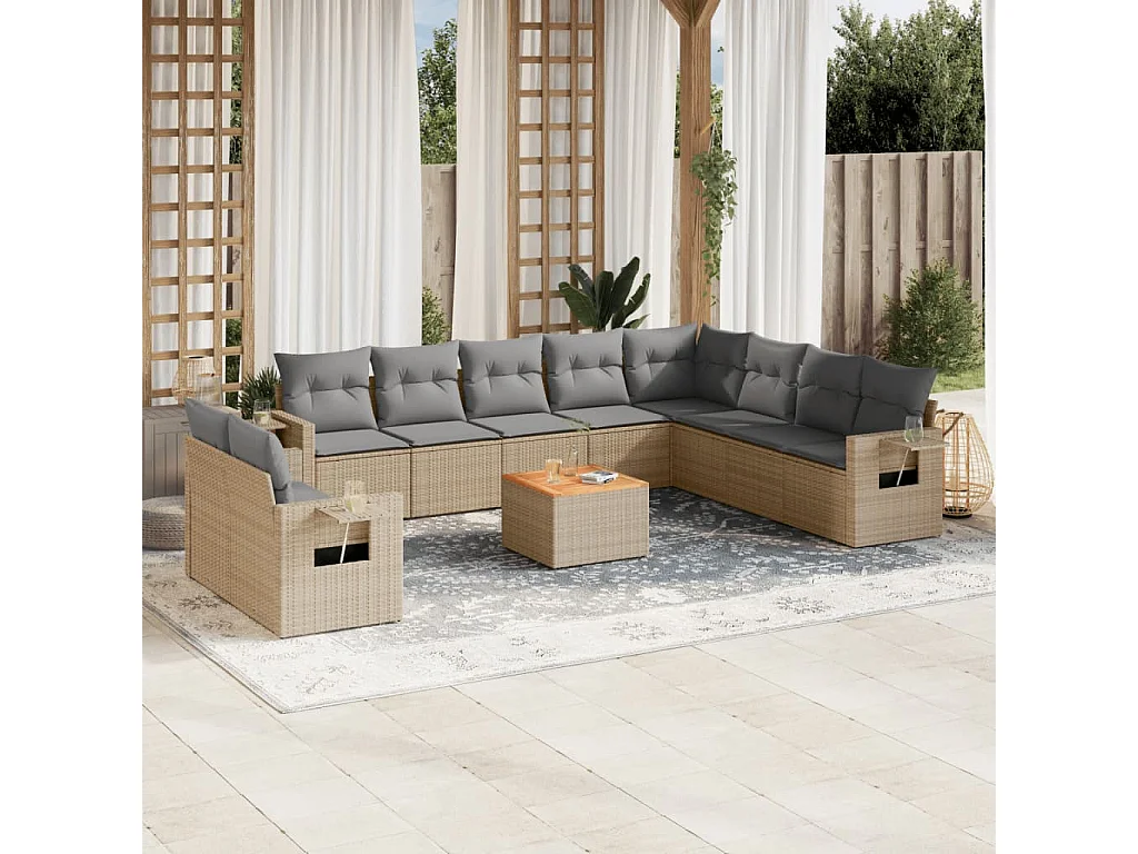 Salon de jardin 11 pcs avec coussins beige résine tressée