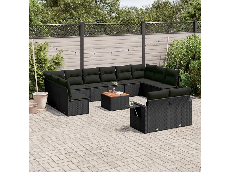 Salon de jardin avec coussins 13 pcs noir résine tressée