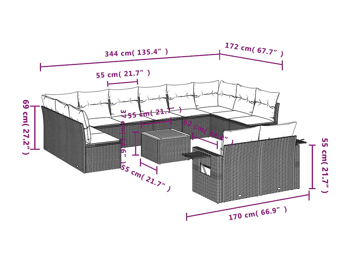 Muebles de jardín con cojines 13 piezas resina tejida negra