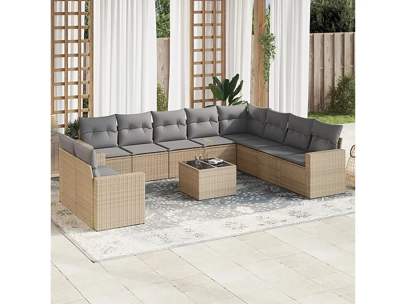 Mobili da giardino 11 pezzi con cuscini in resina intrecciata beige