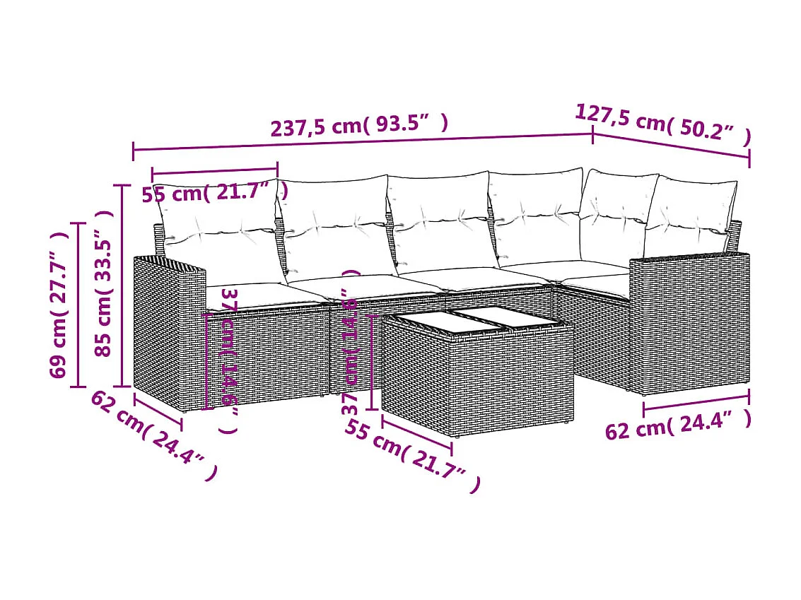 Muebles de jardín de 6 piezas con cojines de resina tejida en negro.