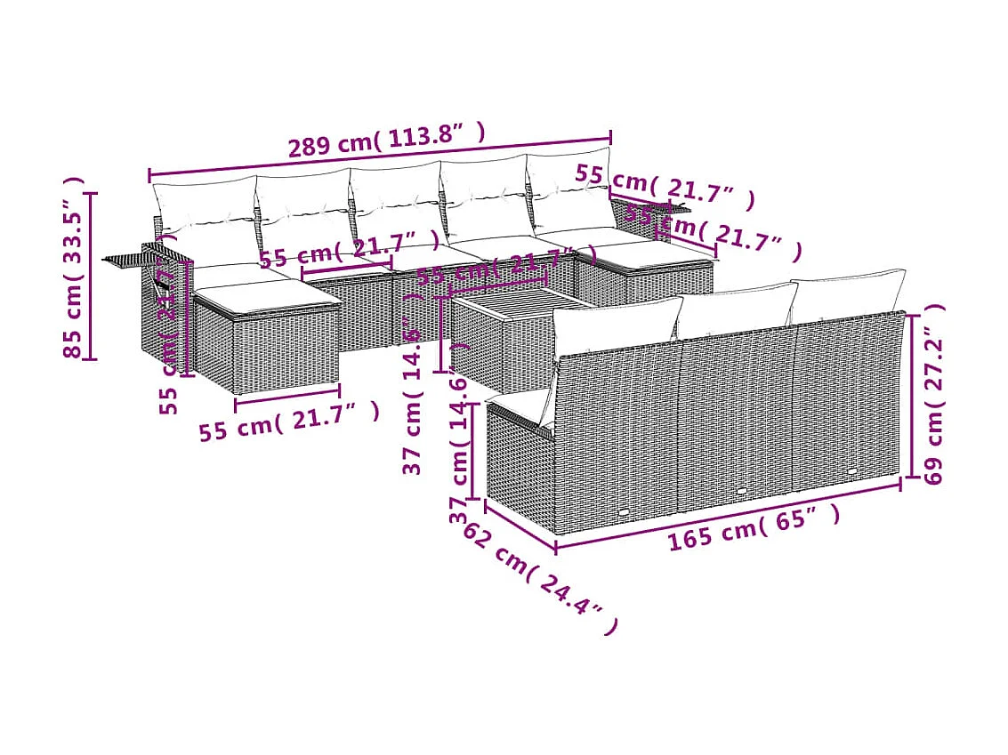 11 stuks tuinmeubelen met beige geweven harskussens