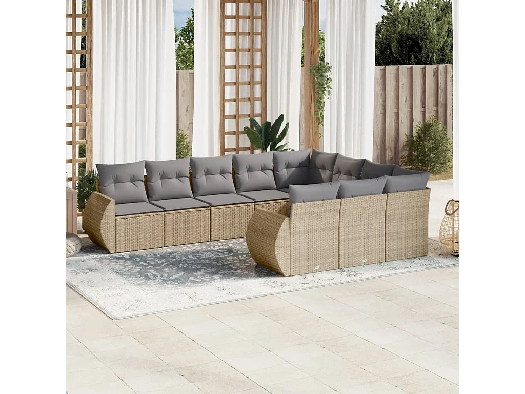 Salon de jardin avec coussins 10 pcs beige résine tressée