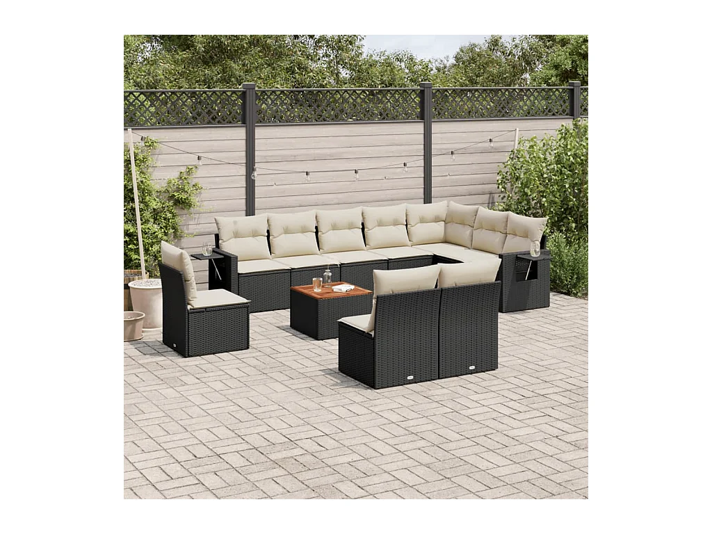 Salon de jardin 11 pcs avec coussins noir résine tressée