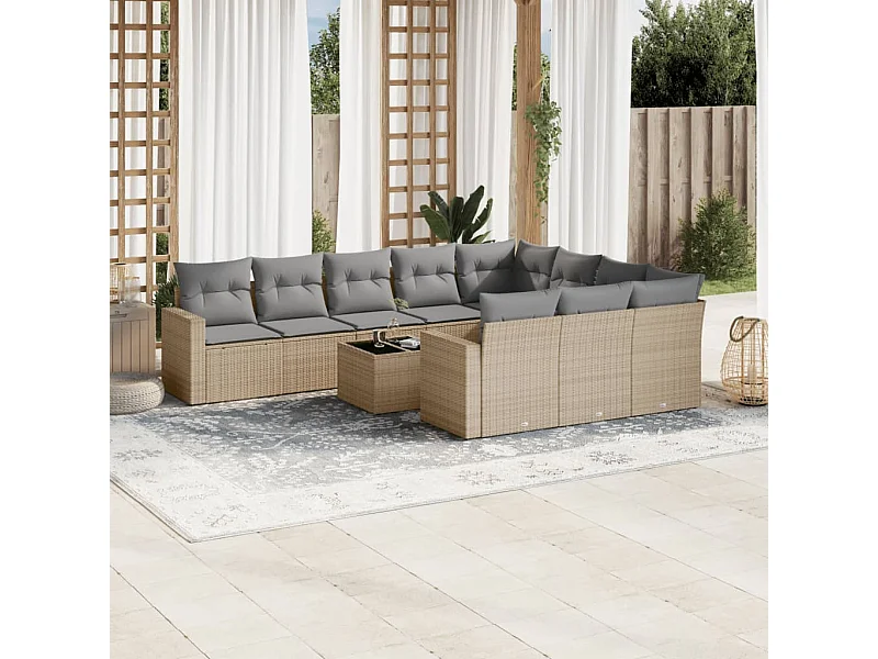 Mobili da giardino 11 pezzi con cuscini in resina intrecciata beige